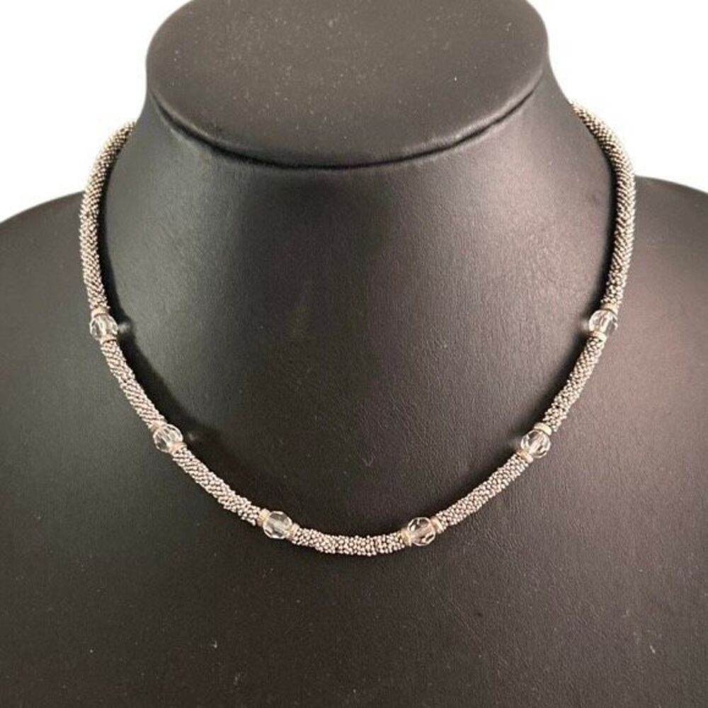 Vtg Collar Necklace Women's 16" Silver-tone Popcorn Mesh Chain Crystal Stations
